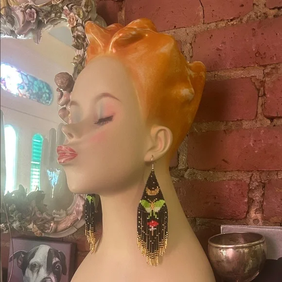 Elegant Luna Moth Seed Bead Dangle Earrings - Picture 3 of 4